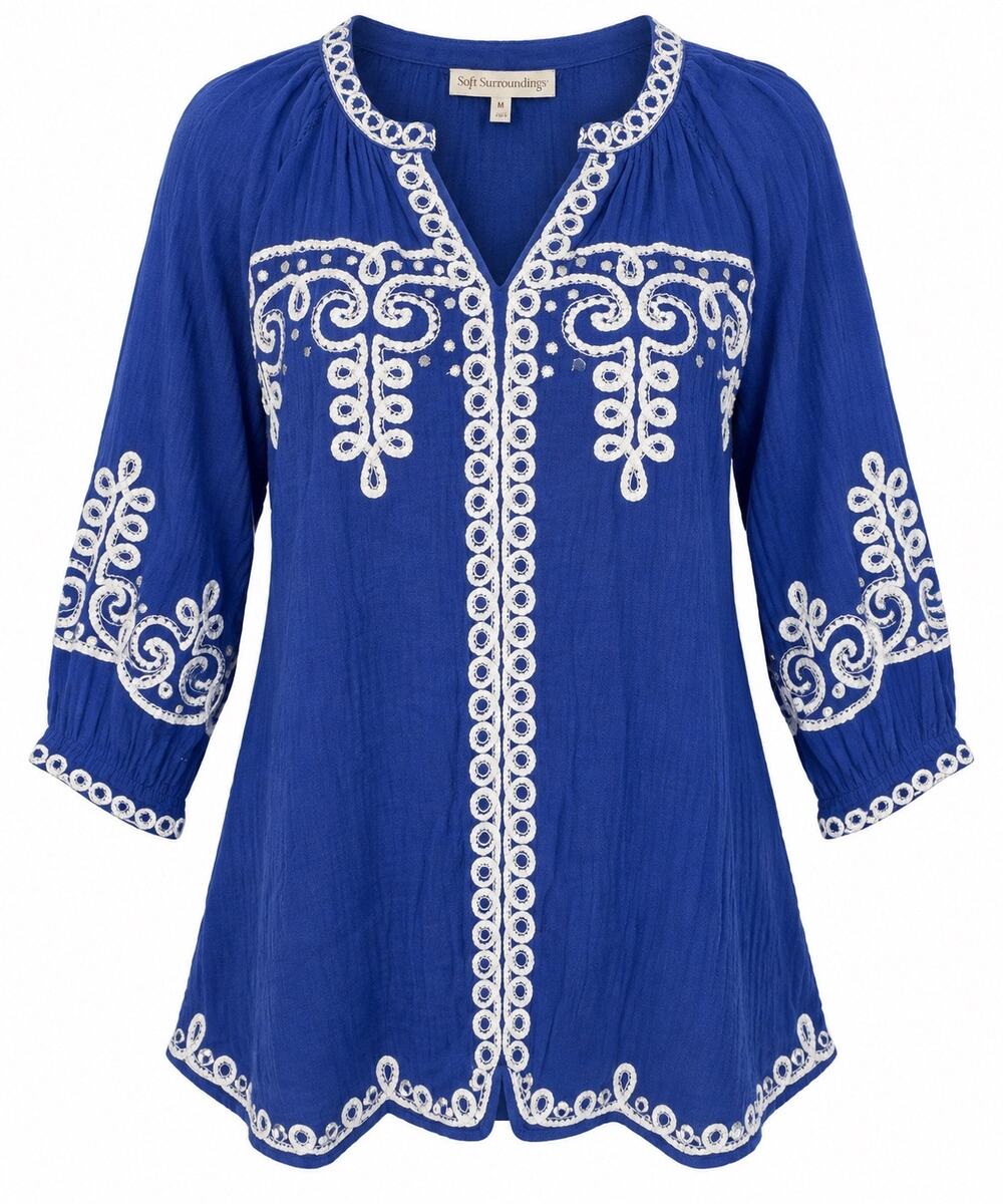 Soft Surroundings Blue Embroidered Tunic Top Size Medium Boho 3/4 Sleeve